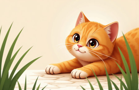 Cat stretches with alert curious eyes on a pale surface framed by foreground grass and soft warm lighting. Smooth orange fur and a relaxed pose convey playful pet energy, while an open light area provides space for textの素材