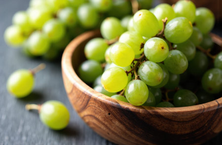 Green grapes in a wooden bowl sit on a dark textured surface with shallow depth of field and soft natural light, leaving open negative space on the left for text or design elementsの素材