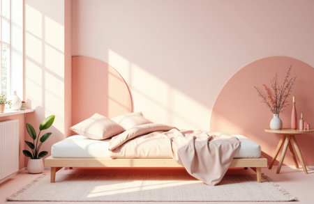 Low platform bed rests against curved pastel pink walls in a sunlit minimalist bedroom with soft linens, a potted plant and a round side table, with ample wall space available for text or design elementsの素材