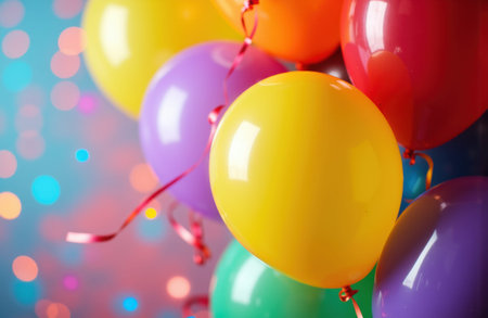 Colorful balloons cluster to the right with glossy reflections and curled ribbons against a soft bokeh backdrop, leaving empty copyspace on the left for text or graphic overlays in party and celebration layoutsの素材