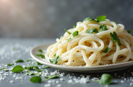 Spaghetti tossed with fresh basil and grated cheese on a ceramic plate, photographed with soft natural lighting and blurred background, leaving negative space suitable for text or design placementの素材