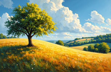 Lone tree on a sunlit golden hillside under a wide blue sky with billowing clouds, rolling fields and soft grasses. Composition leaves open sky area for copy and space for text or design elementsの素材