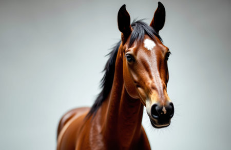 Horse portrait with neutral background and ample copyspace for text and graphics. Close-up shows glossy chestnut coat, alert eyes and refined head conformation conveying calm strength for editorial and commercial equine useの素材
