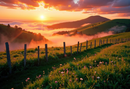 Sunset over rolling hills with low fog, blooming wildflowers and a wooden fence leading through green meadow, warm golden light and an open sky that provides available space for text and layout over the distant valleyの素材