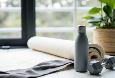 Yoga mat rolled beside a reusable water bottle, towel and dumbbell on a wooden floor near a sunlit window. Available space for text appears on the left with a blurred background and soft natural light for wellness and lifestyle useの素材