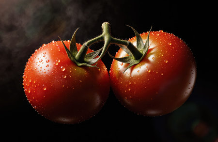 Tomatoes hang on a vine with water droplets and faint steam against a dark background. The composition leaves empty space for text and labels suitable for packaging or advertisingの素材