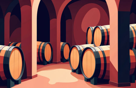 Wine barrels stored in a warm arched cellar with terracotta tones and stacked oak casks on wood supports. The composition includes open wall and floor areas with available space for text and graphic overlaysの素材