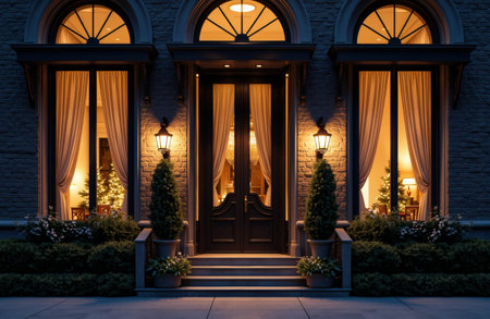 Townhouse entrance glows with warm porch lamps and holiday decorations including lit Christmas trees and draped curtains, framed by topiary planters and steps with available space for text on the sidewalkの素材