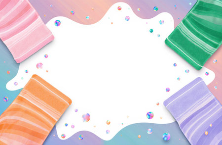 Colorful soap bars arranged at the frame edges on a soft pastel background with scattered sequins and a large white copy area in the center, with ample space for text, branding and promotional layouts in beauty and wellnessの素材