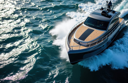 Motor yacht cruises across sunlit choppy water, generating spray and a bold wake while polished deck details and navigation equipment emphasize high-end design and active recreational sea travel in motion and speedの素材