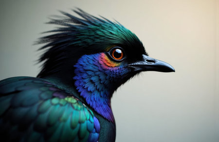 Bird displays iridescent plumage with blue, green and purple tones and a glossy eye in sharp profile. Neutral blurred background provides available space for text and clean composition for editorial and commercial layoutsの素材