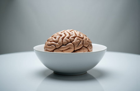 Human brain placed in a white ceramic bowl on a reflective table with a neutral blurred background, suggesting medical and conceptual themes and a food metaphor, with ample empty space available for text or layout elementsの素材