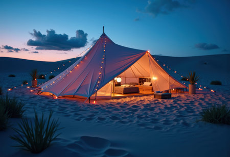 Glamping tent lit from within sits on desert dunes at twilight with warm string lights and soft interior glow. Ample open sand and clear sky provide copyspace for text and design elements used in travel and hospitality contextsの素材