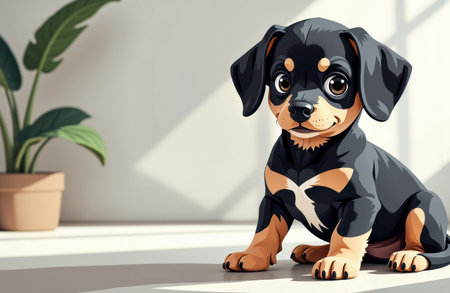 Puppy sits on a sunlit windowsill with glossy black and tan fur and an attentive expression. A potted plant and soft shadows create a calm interior scene with open copy space on the left wall for text or design useの素材
