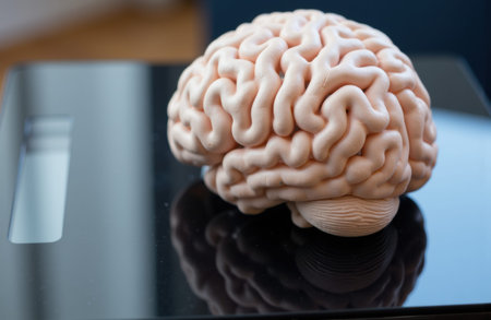 Model brain rests on a reflective tablet surface showing clear anatomical folds and soft lighting. Blurred background and empty areas provide copyspace for text or design elements for medical education and presentationsの素材