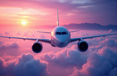 Airplane flies above pink and purple clouds toward a warm sunset over distant mountains, captured from a frontal perspective with open sky and cloud areas available for text and design placementの素材