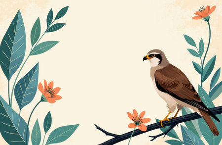 Brown bird perched on a slender branch amid stylized floral foliage and soft neutral tones. Clear open space on the right is available for text or design elements and the composition fits editorial and decorative layoutsの素材