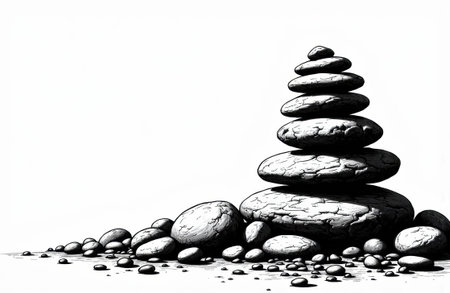 Stacked stones form a balanced cairn on a white background with scattered pebbles and strong contrast, offering ample empty space for text or design elements in the negative area of the compositionの素材