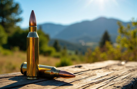 Rifle cartridges rest on a weathered wooden surface with a sunlit mountain landscape blurred in the background and ample open sky and foreground offering space for text or design elements for outdoor tactical themesの素材
