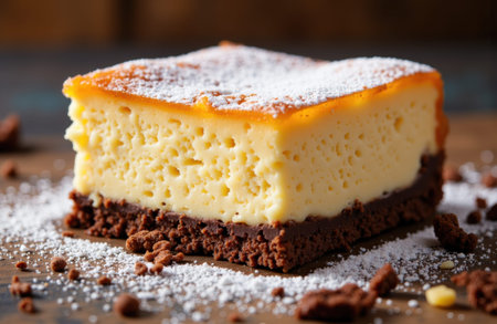 Cheesecake slice with rich creamy filling and dense chocolate crust dusted with powdered sugar and scattered crumbs on a rustic wooden board with ample blurred background space for text and warm soft lightingの素材