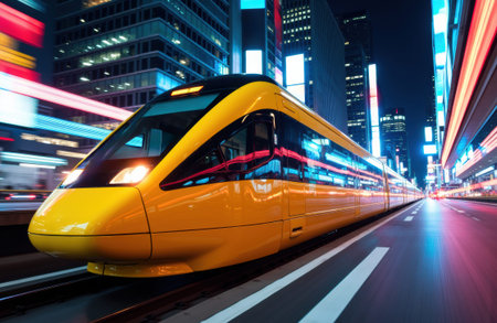 Yellow high-speed train gliding through neon-lit city streets at night with strong motion blur and dynamic light trails, creating urban energy and leaving open copyspace on the right side for text or designの素材