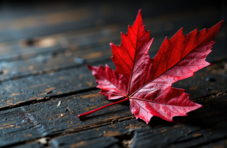 Red maple leaf rests on a dark weathered wooden surface with shallow depth of field, rich autumn color and visible wood grain; composition includes blurred negative space suitable for text placement and soft directional lightingの素材