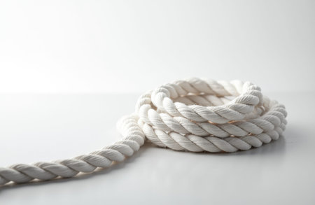 White rope lies coiled on a smooth reflective surface with soft studio lighting and a neutral background, leaving ample empty space available for text and design elements for product or editorial layoutsの素材