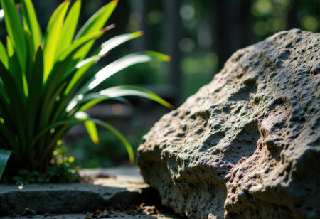 Textured garden rock rests beside green foliage with a shallow depth of field and warm natural sunlight casting pronounced shadows. Blurred background and open ground create available space for text and design elementsの素材
