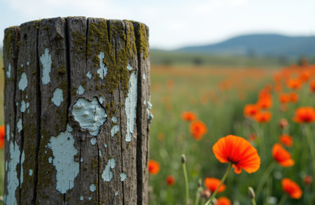 Weathered wooden post with peeling paint stands in a meadow of colorful poppies, soft focus on flowers and distant hills adds gentle depth with open sky and blurred background offering available space for text and designの素材