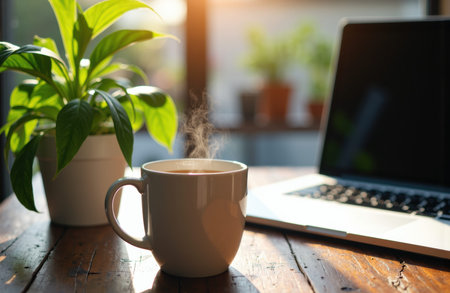 Steaming coffee cup on wooden desk beside laptop and potted plant in warm morning light. The scene creates a relaxed workspace mood with natural light and a blurred open area available for text or design elementsの素材