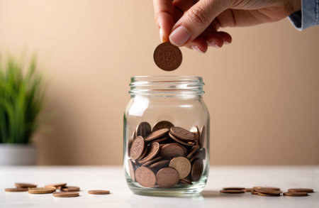 Hand places a coin into a glass jar filled with mixed coins on a neutral tabletop, with a soft blurred background and visible empty space for text and layout use, suggesting saving, budgeting and personal finance conceptsの素材