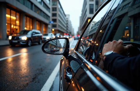 Man drives car through wet urban streets at dusk with reflective pavement and blurred traffic conveying motion and city atmosphere, storefront lights and headlights visible, with empty area for text on the leftの素材