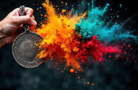 Hand holds an ornate pocket watch as bursts of cyan, orange and red powder explode across a dark blurred background, leaving copyspace to the right for text or design elementsの素材