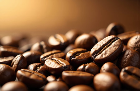 Roasted coffee beans fill the foreground with rich brown tones and shallow depth of field, leaving a soft blurred area at the top left available for text or branding and warm ambient lightingの素材