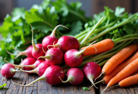 Radishes and carrots rest on a rustic wooden surface with leafy greens and soft natural light that reveals crisp texture and vibrant color, offering versatile imagery for culinary, market, and healthy lifestyle projectsの素材