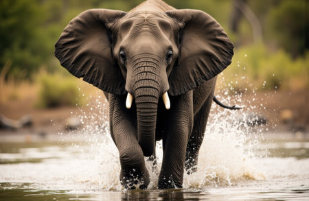Elephant charges through shallow water in an African savanna scene with ears spread and tusks visible, splashing water and conveying powerful motion and presence in a natural wildlife habitat near a riverの素材