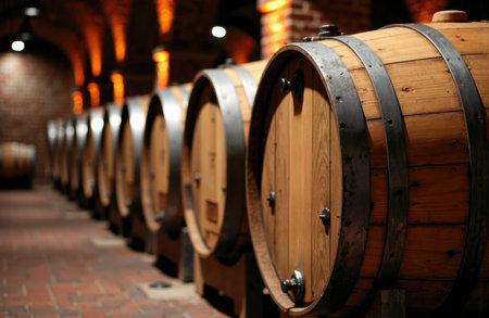Oak barrels age wine in a dim vaulted cellar with arched brick aisles and warm overhead lighting, arranged along a tiled floor with shallow depth of field conveying storage, tradition and the aging processの素材
