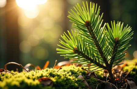 Pine seedling grows from mossy forest floor with soft morning backlight and warm bokeh in the background. The composition offers ample blurred space for text and natural context for environmental or nature themesの素材