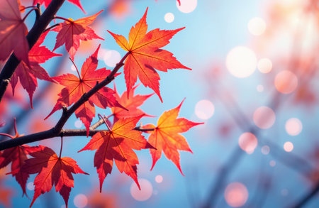 Red maple leaves on slender branches set against a soft blue bokeh sky with warm backlight and sun flares, offering ample empty space for text and design and conveying autumn mood with shallow depth and textured foliageの素材