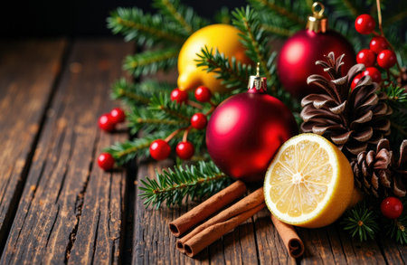 Christmas ornaments and evergreen sprigs arranged with cinnamon sticks, pine cones, red berries and a halved lemon on a rustic wooden table. Left side shows empty wooden surface with available space for text or design elementsの素材