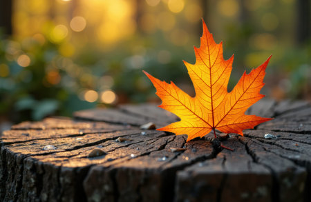 Autumn maple leaf rests on a weathered tree stump illuminated by warm morning sunlight with soft bokeh and blurred background, leaving copyspace and open area for text or design elements in editorial or commercial layoutsの素材