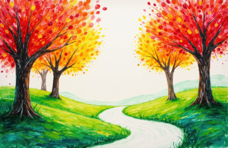 Autumn trees line a curving white path through rolling painted green hills with warm red and yellow foliage and a soft pale sky, leaving open empty area available for text and design placementの素材