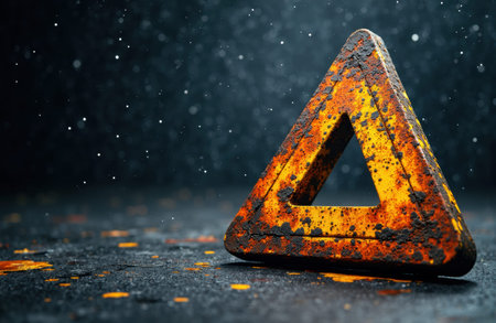 Rusty warning triangle sits on wet asphalt with falling raindrops and scattered rust flakes. Dark blurred background provides copyspace and available space for text, evoking weathered roadside safety and decayの素材
