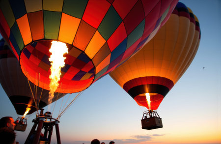 Hot air balloons glow as burners ignite at sunrise over a clear sky and distant horizon, with empty sky area providing copy space for text or design while crowds watch from below and baskets gently riseの素材