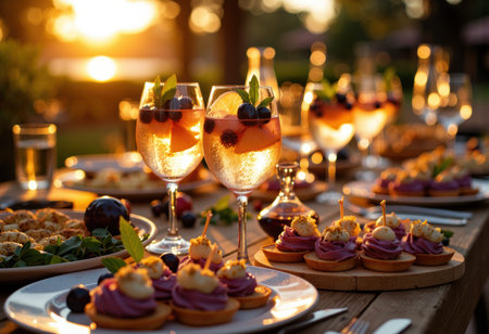 Summer cocktails and appetizers arranged on a rustic outdoor table during golden hour, with sparkling glasses garnished with citrus and berries and small savory bites, warm bokeh background and available space for textの素材