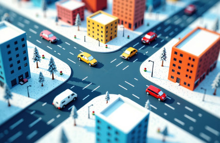 Miniature city intersection with colorful cars and simplified block buildings in a snowy urban model, captured from an aerial perspective to emphasize road layout, traffic flow, compact architecture, and available space for textの素材