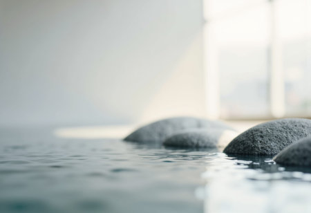 Smooth stones rest partially submerged in shallow water with gentle ripples and soft directional light resulting in a tranquil minimalist scene. Ample empty area in the composition provides copyspace for text or designの素材