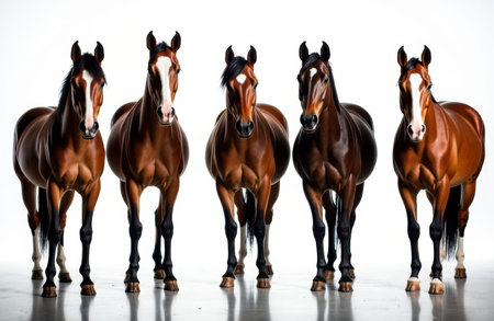 Horses stand together on a seamless white backdrop with floor reflections and studio lighting, showing muscle definition and symmetry, with ample copy space above and around for text or branding for commercial or editorial useの素材
