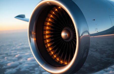 Jet engine turbine seen through cabin window during sunrise with illuminated fan blades and reflective nacelle surfaces over a soft cloud layer, conveying in flight aviation, engineering detail and travel atmosphereの素材