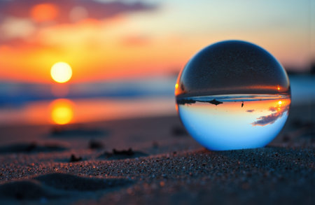 Glass sphere on a sandy shore reflects an inverted sunset and calm waves, captured with shallow depth of field and warm color tones, blurred background and open area provide copy space for text and designの素材